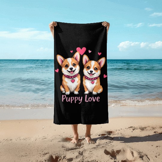 Valentines Day - Puppy Love Corgi dog Beach Towels