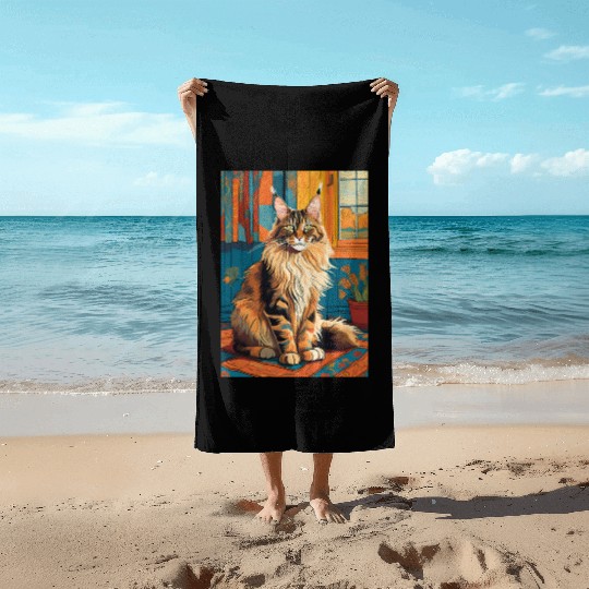 Cat painting red black cat Maine Beach Towels