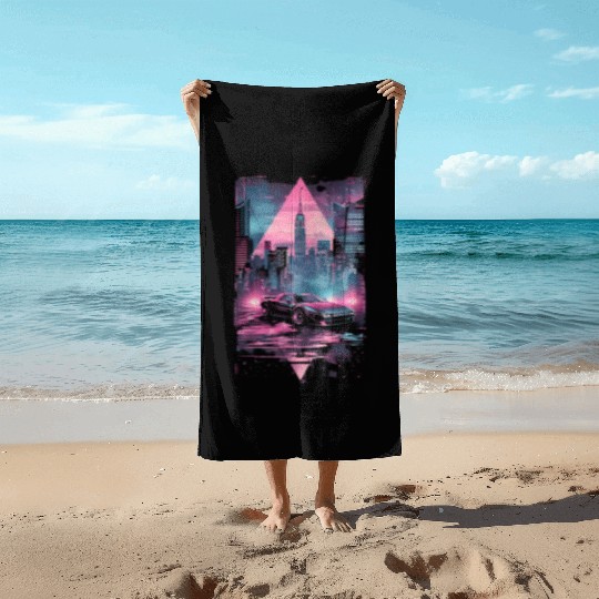 Retro Vaporwave Car City Synthwave 80s 90s Beach Towels