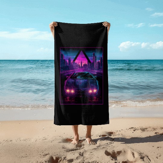 80s 90s Synthwave Car City Retro Vaporwave Beach Towels