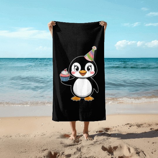 Birthday Joyful Penguin With Cupcake Beach Towels