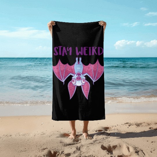 Stay Weird Quirky Albino Vampire Bat Cartoon Beach Towels