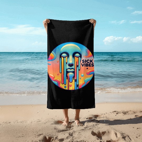 Psychedelic Melting Face with Vibrant Neon Beach Towels