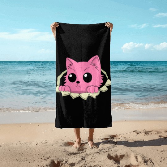 Cute Pink Cartoon Cat Peeking Out of a Hole Beach Towels