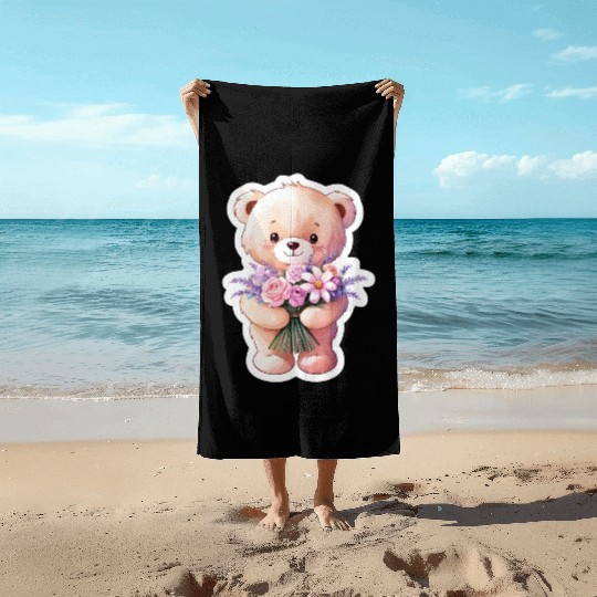 Teddy bear with bouquet of flowers Beach Towels