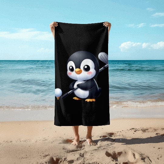 Cute Penguin Golfer Cartoon Quirky Funny Beach Towels