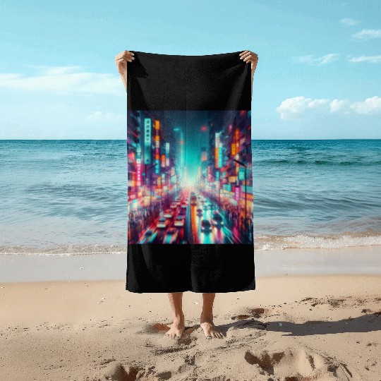 Neon Night Street Beach Towels