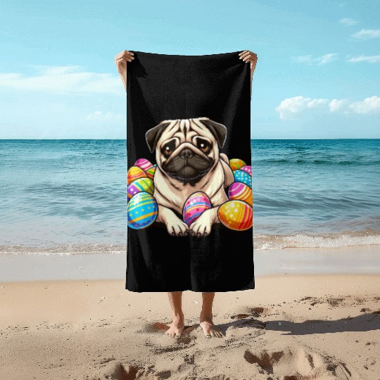 Cute Pug Easter Egg Cartoon Relax Chill Beach Towels