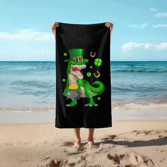 Happy St Patricks Day Dinosaur T-Rex Beach Towels