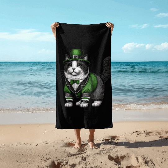 Lucky Cat in Green - St. Patrick’s Day Beach Towels