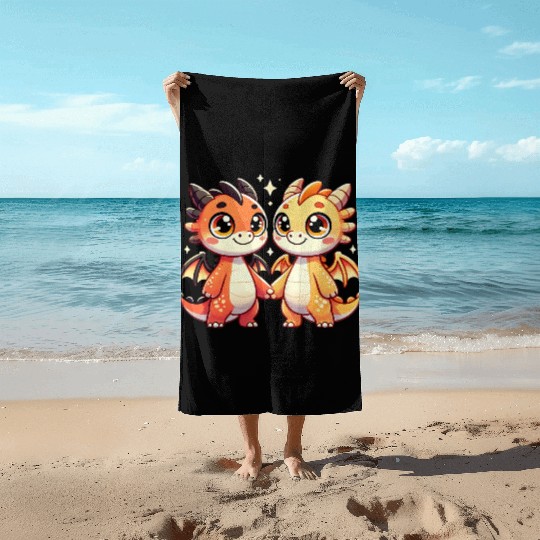 Two Cute Dragon Friends Holding Hands Beach Towels