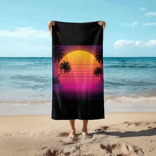 Retro Sunset with Palm Trees Beach Towels