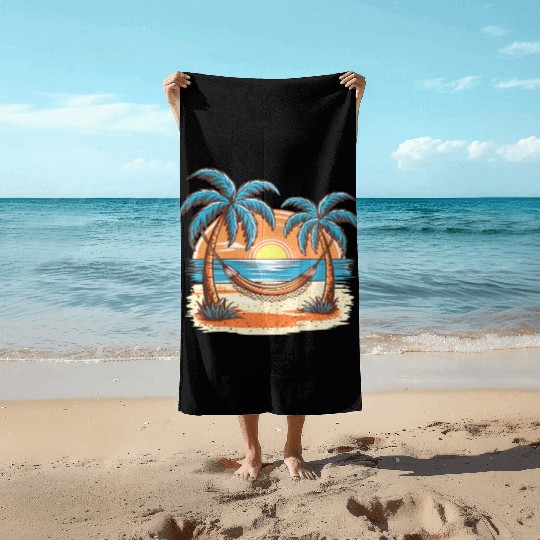 Tropical Sunset Hammock Scene Beach Towels