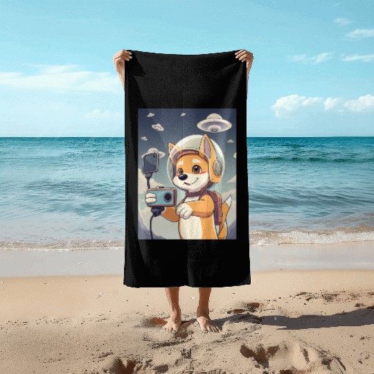 Funny Dog Rescue Anime Selfie with UFOs Weird Beach Towels