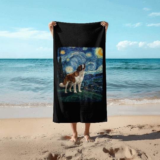 Saint Bernard Howling At Moon Starry Night Van Gog Beach Towels