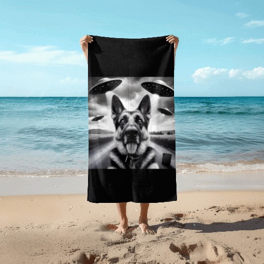German shepherd Gsp Funny Graphic Selfie UFOs Weir Beach Towels