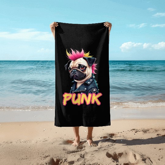 Punk Pug with Mohawk and Jacket - Embrace the Beach Towels