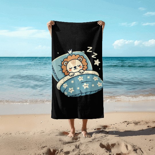 Lion Sleeping In Bed At Night Time Beach Towels