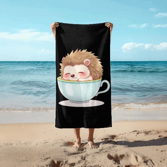 Cute hedgehog relaxing in a light blue cup Beach Towels