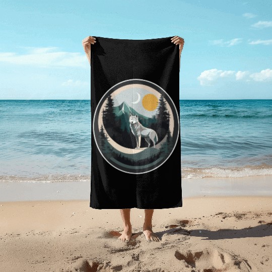 Lone Wolf Under Moonlit Sky Beach Towels
