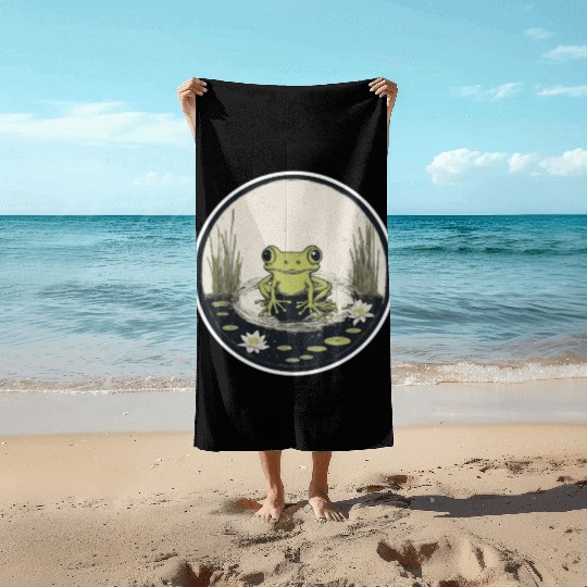 Serene Frog in a Tranquil Pond Beach Towels