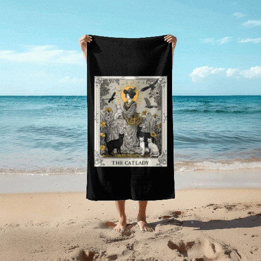 The Cat Lady Tarot Card Vintage Gothic Cat Mom Beach Towels
