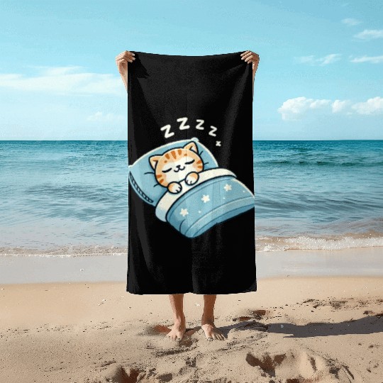 Cat Sleeping In Bed At Night Time Beach Towels