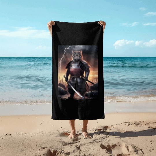 Japanese Cat Samurai Cat Beach Towels