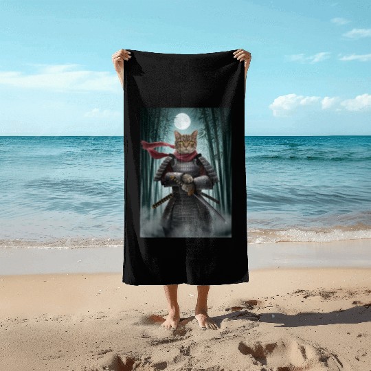 Japanese Cat Samurai Cat Beach Towels