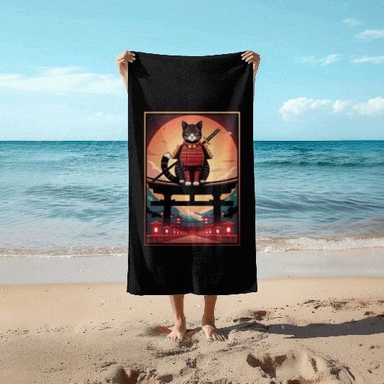 Japanese Cat Samurai Cat Beach Towels