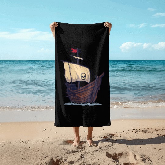 Pixel Pirate Ship – Retro High Seas Adventure Beach Towels