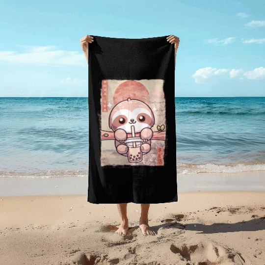 Cute Kawaii Sloth Drinks Boba Tea Japanese Beach Towels