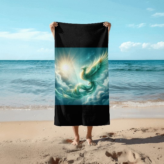 Green & Gold Rising Phoenix Beach Towels