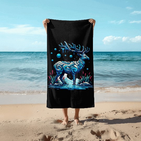 Majestic Blue Deer in Enchanted Forest Beach Towels
