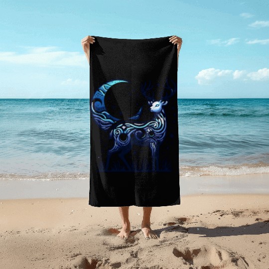 Celestial Deer Under Starry Night Moon Beach Towels