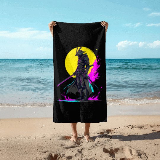 Cyberpunk Samurai Warrior Neon Art Design Beach Towels