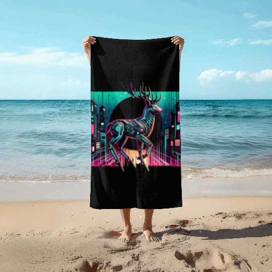 Cyberpunk Stag In Futuristic Cityscape Beach Towels