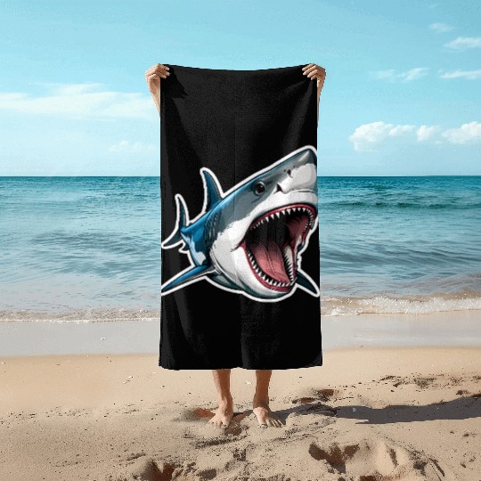 Big White Shark Attack Beach Towels