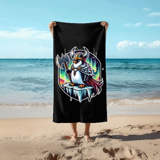 Viking Penguin Conquering Northern Lights Beach Towels