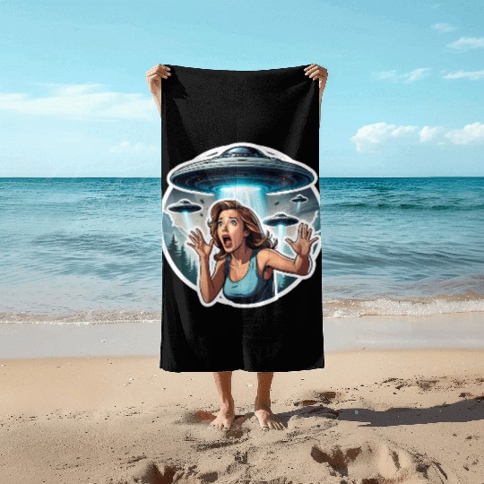 Alien Invasion: woman in running for her life Beach Towels