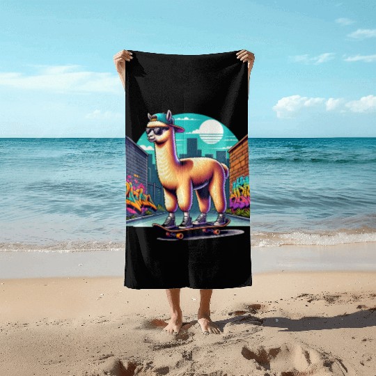 Cool Alpaca Skater Vibe in Urban Street Art Beach Towels