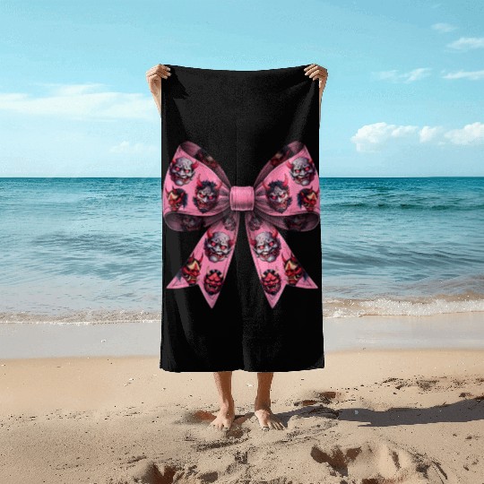 Coquette Bow Oni Yokai Devil Mask Pattern Pink Beach Towels