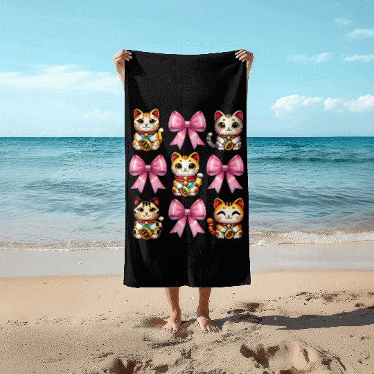 Coquette Bow Maneki Neko Japanese Cat Lucky Pink Beach Towels