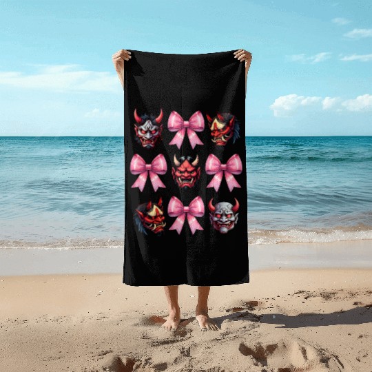 Coquette Bow Oni Yokai Devil Mask Pink Mothers Day Beach Towels
