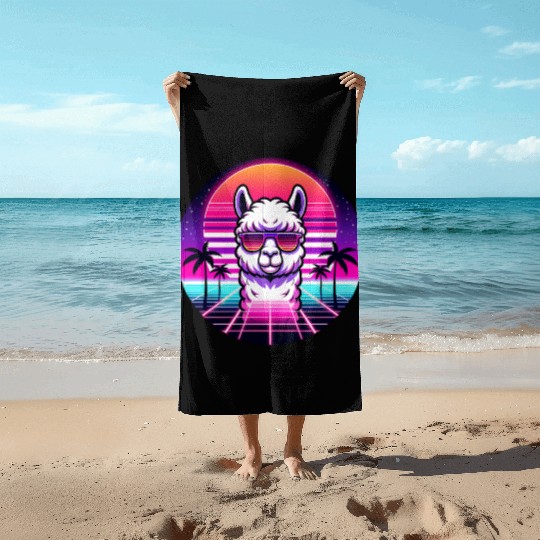 Retro Cool Llama with Neon Sunset Vibes Beach Towels