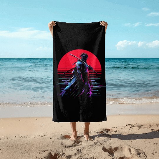 Cyberpunk Samurai Warrior Under Neon Moon Beach Towels