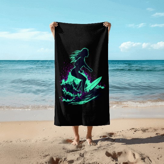 Stylish Female Surfer Surfing Waves Beach Towels