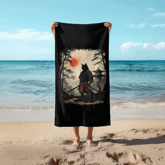 Samurai Cat Warrior Beach Towels Design