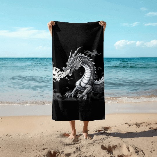 A classic dragon breathing fire Merch Beach Towels