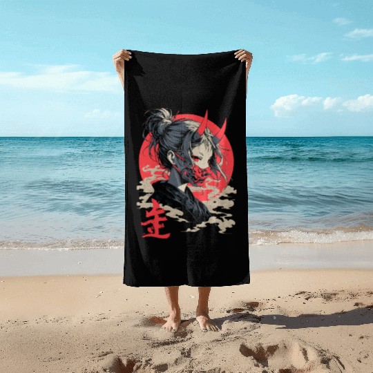 Beautiful Japanese Demon Anime Girl Waifu Geisha Beach Towels